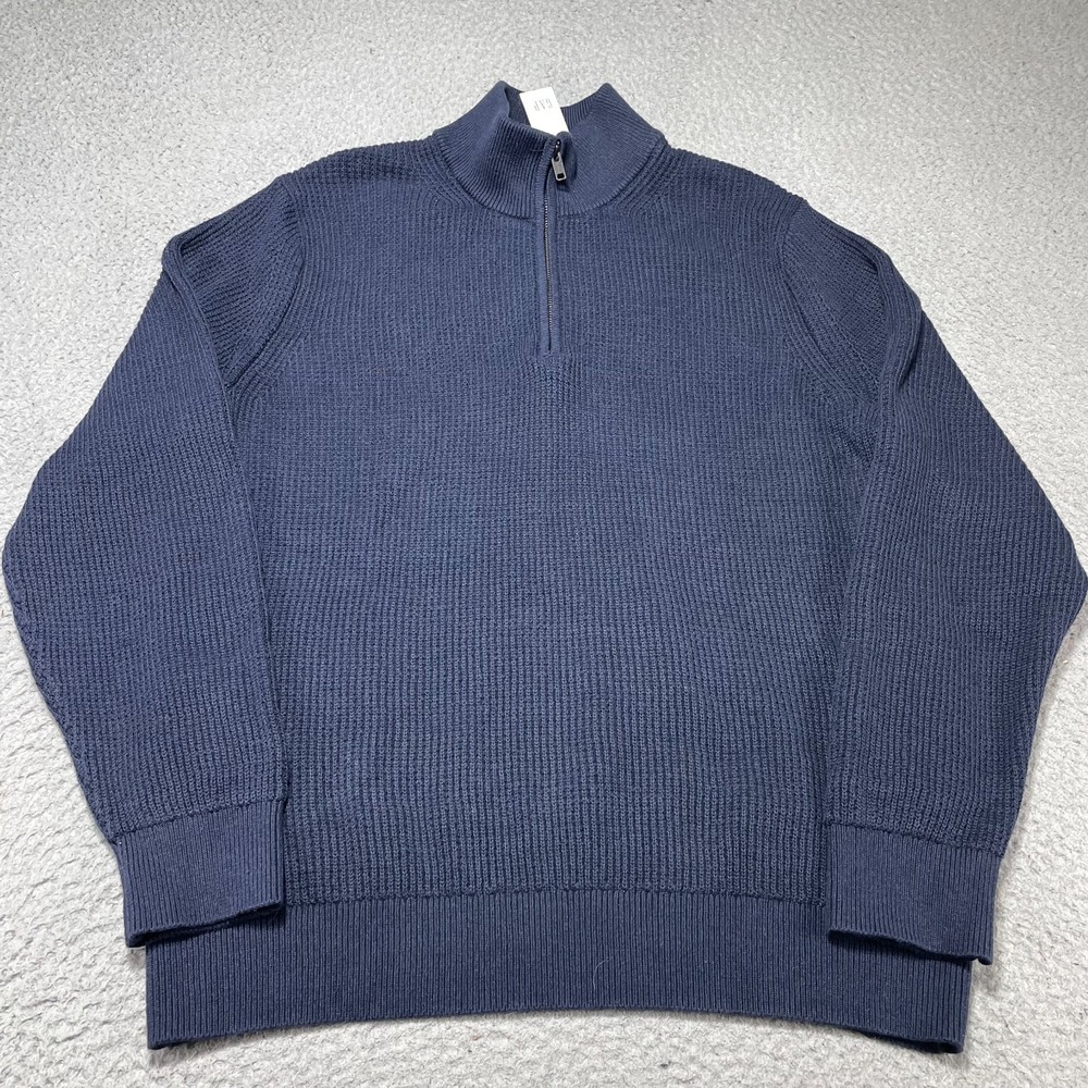 Gap Sweater Mens XL Blue Waffle Knit 1/4 Zip‎ Mock Neck Cotton Pullover Warm